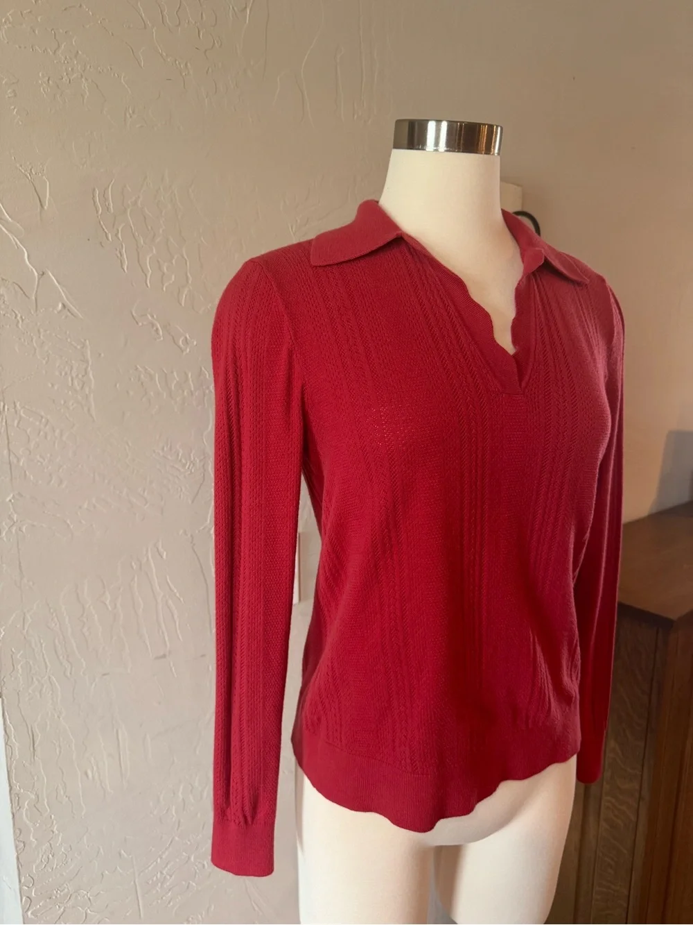 Cabi Athena Crimson Pointelle V-Neck Pullover